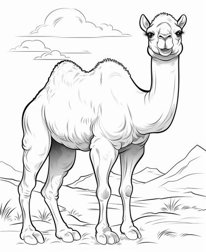 coloring page for kids, camel, cartoon style, thick line, low detail, no shading --ar 9:11
