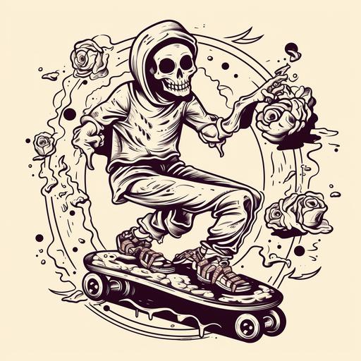 line art tattoo style skeleton skateboarding with a donut in hand