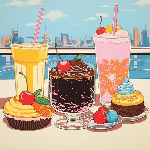 screenprint, 20 cute chocolate cakes and fruit milk shakes in style of david hockeny,hiroshi nagai, colorful, 80s japanease magazines and cartoon style, fruit desserts,girl like color, pop arts style