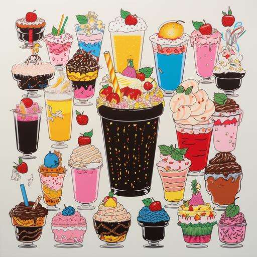 screenprint, 20 cute chocolate cakes and fruit milk shakes in style of david hockeny,hiroshi nagai, colorful, 80s japanease magazines and cartoon style, fruit desserts,girl like color, pop arts style