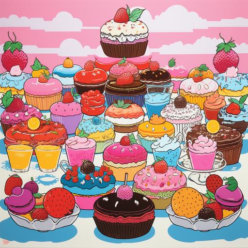 screenprint, 20 cute desserts in style of david hockeny,hiroshi nagai, colorful, 80s japanease magazines and cartoon style, fruit desserts, chocolate,macaroons, girl like color, pop art