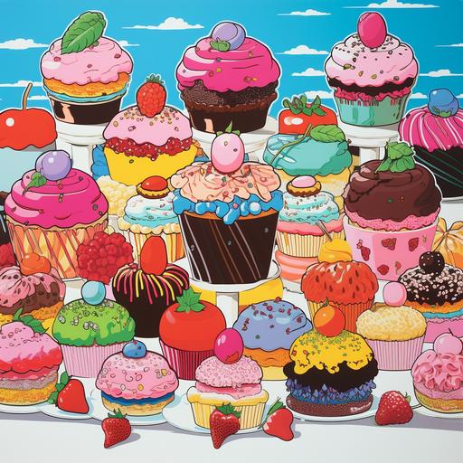 screenprint, 20 cute desserts in style of david hockeny,hiroshi nagai, colorful, 80s japanease magazines and cartoon style, fruit desserts, chocolate,macaroons, girl like color, pop art