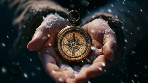 antique compass in palm of callused hand, snow falling, flat light, dof, 35mm lense, --ar 16:9