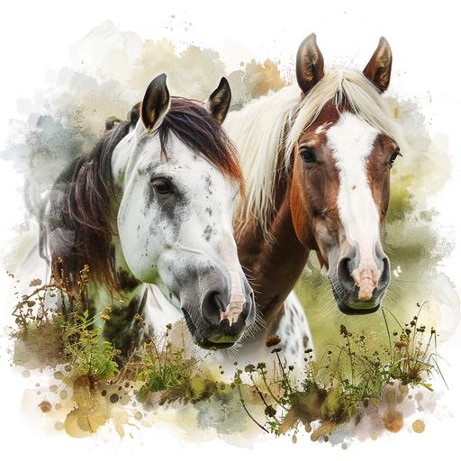 a water colour style vibrant with white background, 2 Palamino white and brown horses with white heads and brown mane and in a grass paddock with trees