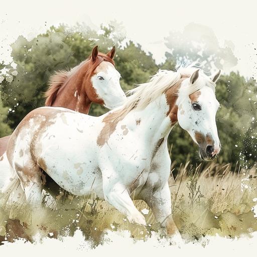 a water colour style vibrant with white background, 2 Palamino white and brown horses with white heads and brown mane and in a grass paddock with trees