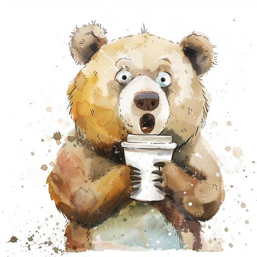 a water colour style with white background an animated cute bear with a surprise look on his face drinking coffee