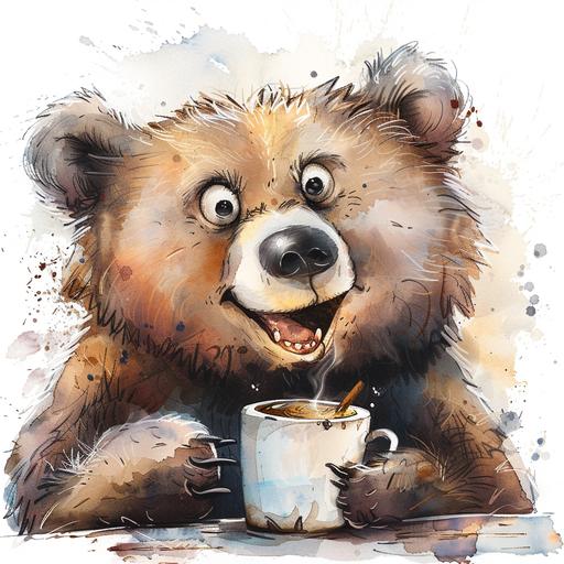 a water colour style with white background an animated cute bear with a surprise look on his face drinking coffee