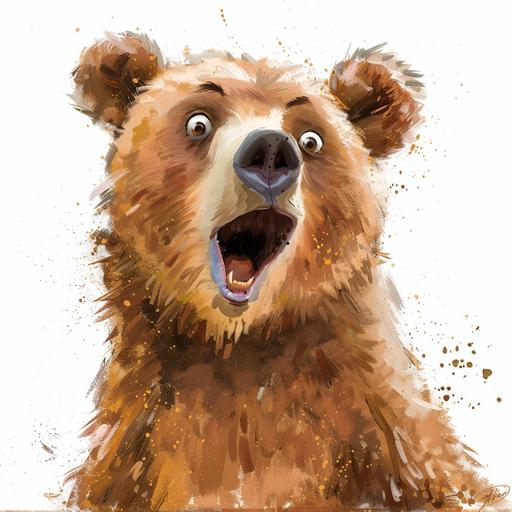 a water colour style with white background an animated cute bear with a surprise look on his face