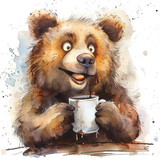 a water colour style with white background an animated cute bear with a surprise look on his face drinking coffee