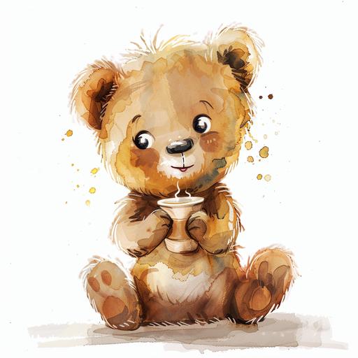 a water colour style with white background an animated cute bear with a surprise look on his face drinking coffee