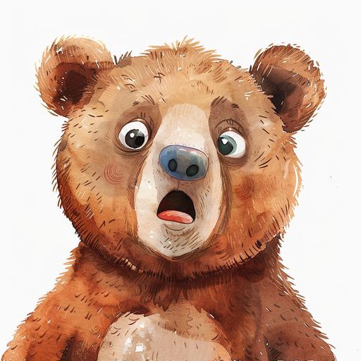 a water colour style with white background an animated cute bear with a surprise look on his face