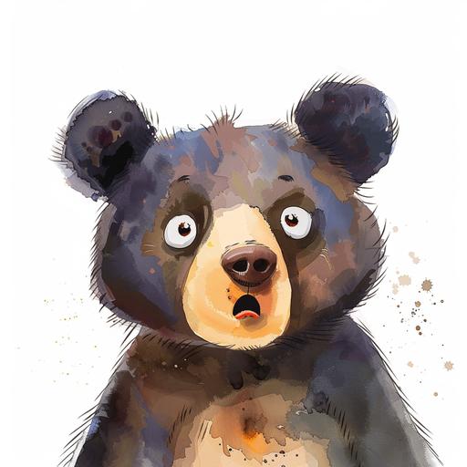 a water colour style with white background an animated cute bear with a surprise look on his face