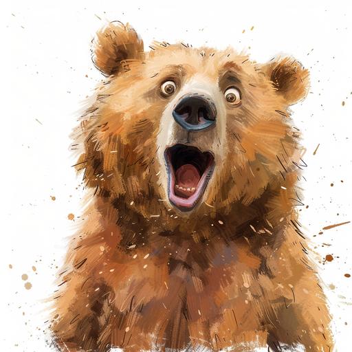 a water colour style with white background an animated cute bear with a surprise look on his face