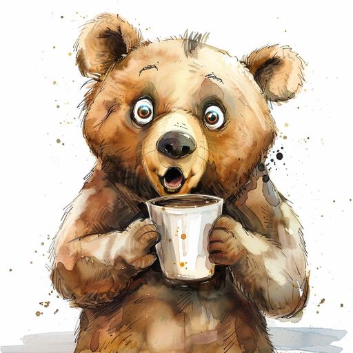 a water colour style with white background an animated cute bear with a surprise look on his face drinking coffee
