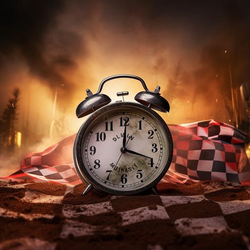alarm clock with checkered flags with dirt track background