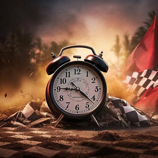 alarm clock with checkered flags with dirt track background