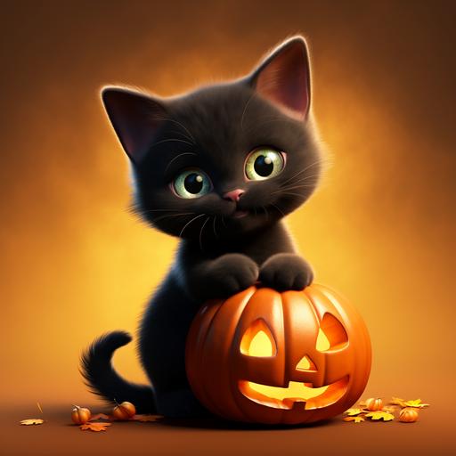 cute black kitten,animation style with halloween pumpkin cut out smiling, freindly halloween