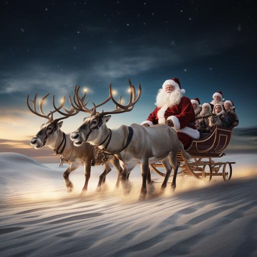 father christmas, Christmas sled and 7 raindeers with Rudolf at the front landing on a sandy beach under the moonlight in australi, ultra realistic