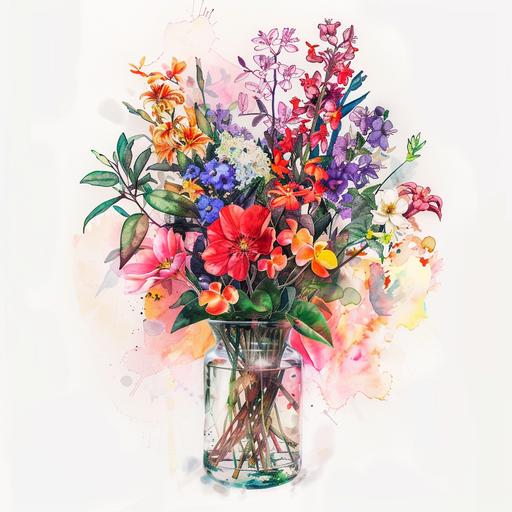 in a water colour vibrant style with a white background, a beautiful bouquet of flowers in glass vase