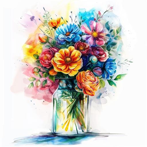 in a water colour vibrant style with a white background, a beautiful bouquet of flowers in glass vase