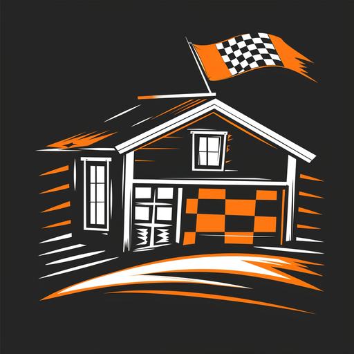 ultra HD branding logo for sheds and garages in black and vibrant orange with checkered flag