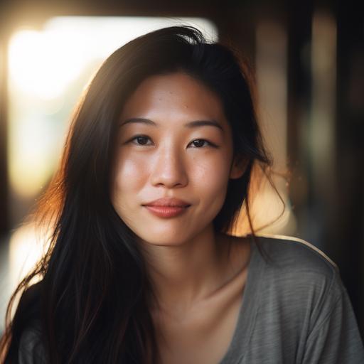 85mm, Wide angle lens, beautiful Asian woman smirking with sincere expression, closed mouth smile, lower camera angle, photograph, photorealistic, full frame head face picture, early morning light,