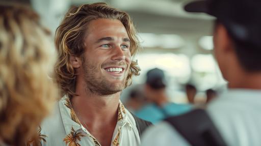 a handsome male australian surfer with wavy blonde hair talking to a Balinese immigration officer in the airport. High aperture closeup photography. Smiling and positive. --ar 16:9 --v 6.0