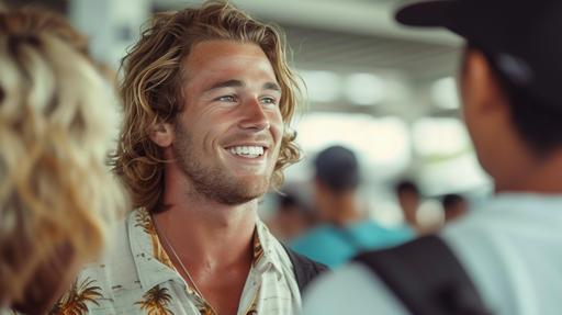 a handsome male australian surfer with wavy blonde hair talking to a Balinese immigration officer in the airport. High aperture closeup photography. Smiling and positive. --ar 16:9 --v 6.0