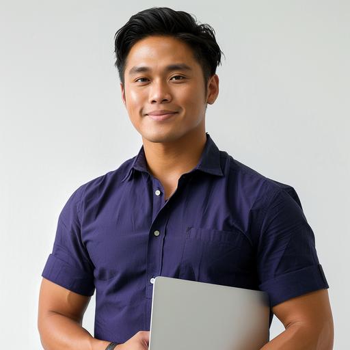 an attractive filipino man in dark blue buttoned shirt, holding a laptop. white background. purple v-neck shirt. photo. --v 6.0