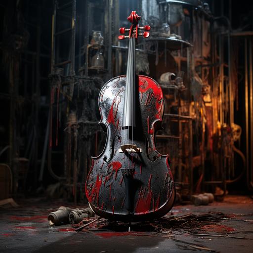 black metal cello, ruby bejewelled, distressed urban environment, hyper realistic, chaos - 100, sharp focus