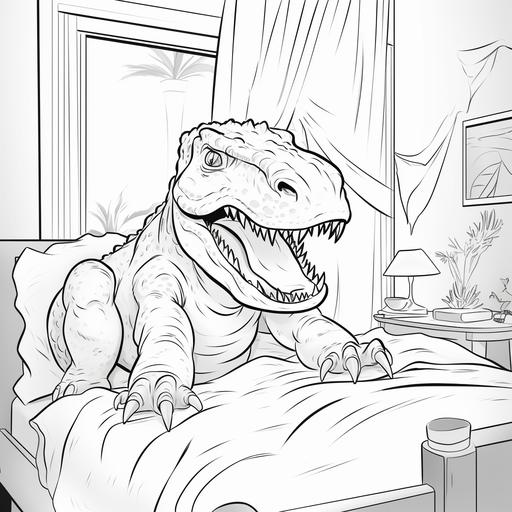 colouring page for kids, Tyrannosaurus rex sleeping in bedroom theme sitting , cartoon style, thick lines,low details,no shading-- v6--ar 9:11