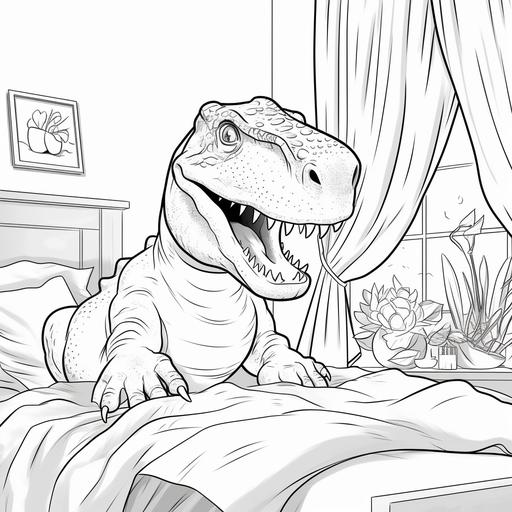 colouring page for kids, Tyrannosaurus rex sleeping in bedroom theme sitting , cartoon style, thick lines,low details,no shading-- v6--ar 9:11