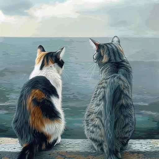 A calico cat and a gray cat are looking at the sea. A gray cat's entire body is gray. And A calico cat is woman, and she has a white based fur. and there is cheese colored cat face over the sky, looking two cats --v 6.0