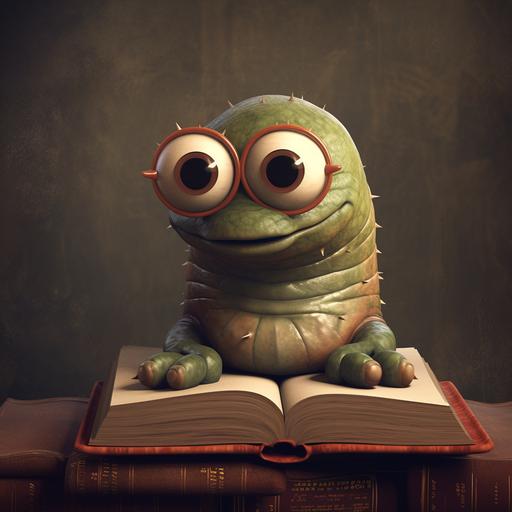 A cute, chubby cartoon worm wrapped around a book, glasses perched on its nose.