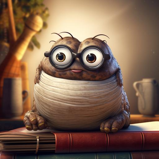 A cute, chubby cartoon worm wrapped around a book, glasses perched on its nose.