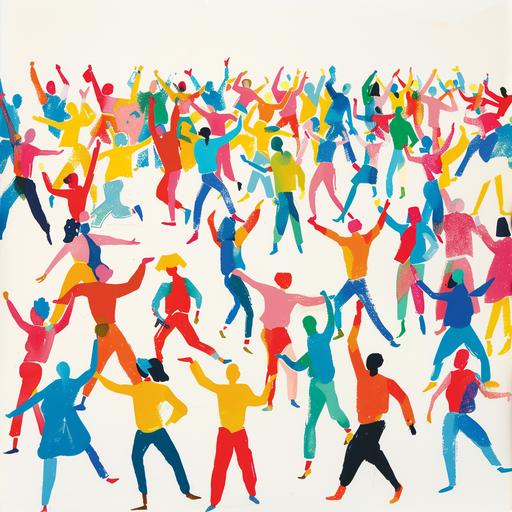 Draw a large group of people dancing in a colorful yet simple and minimalist style. The background is white. The people are deformed and express joy with their whole bodies. Please draw it in a style typical of the 80's, with a round head and large arms and legs. --v 6.0