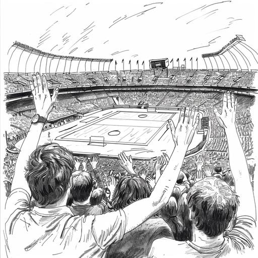 Draw a line drawing of the people watching the game at the stadium. People look at the ground from behind and raise their hands in excitement. The stadium is small with about 5 rows.