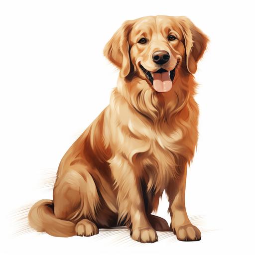 Please draw a full body illustration of a golden retriever sitting facing forward. Please deform it with a flat and retro touch. The background should be solid white.