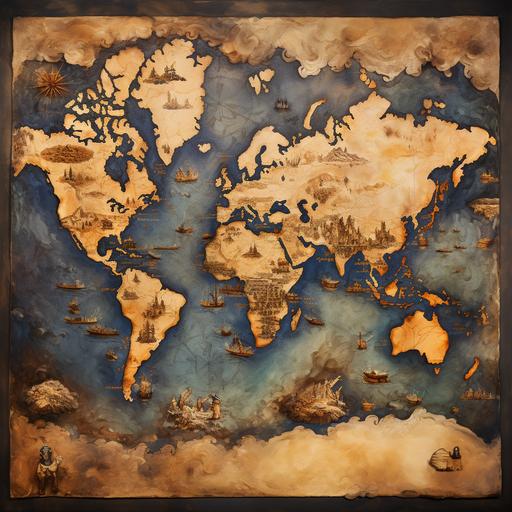 World map with fictional continents, no characters, an aged paper map, in an oil painting style.