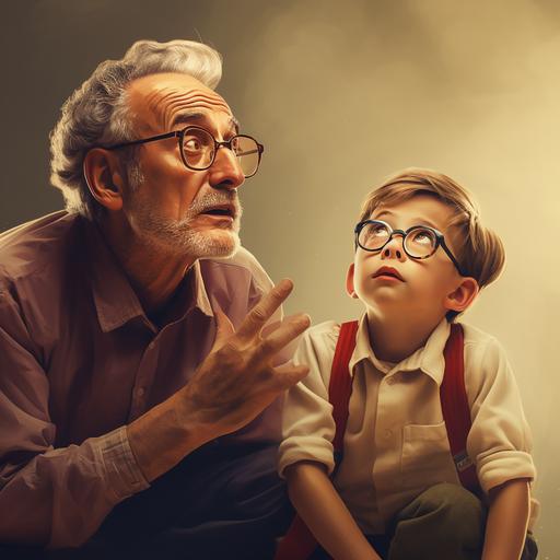 grandpa with glasses perched ontop of his head looking confused and a young boy looking at him with concern.