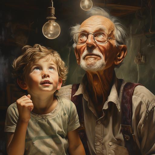 grandpa with glasses perched ontop of his head looking confused and a young boy looking at him with concern.