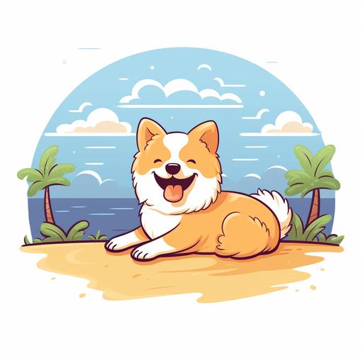 a kawaii style illustration of dog lying in the sun on the beach , white background , cartoon, outline