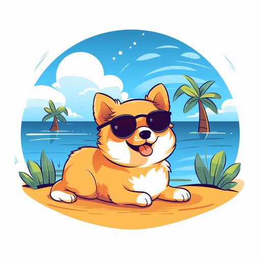 a kawaii style illustration of dog lying in the sun on the beach with sunglasses , white background , cartoon, outline