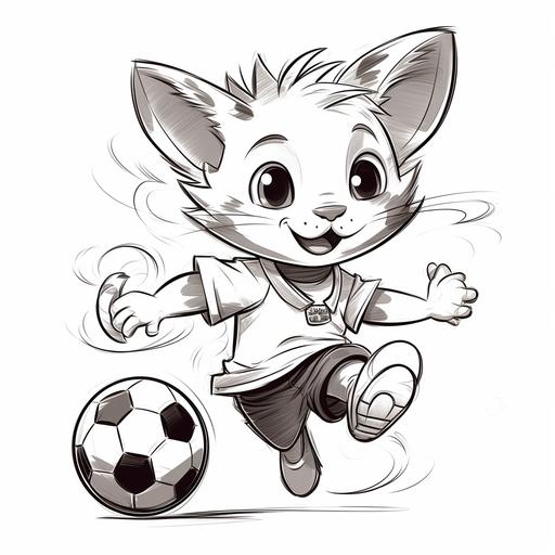 a manga cartoon illustration of a cat play soccer, white background , cartoon, manga, outline