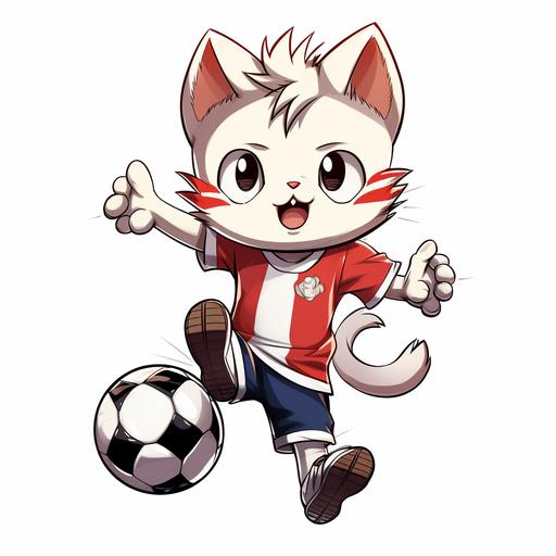 a manga cartoon illustration of a cat play soccer, white background , cartoon, manga, outline