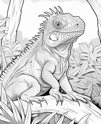 coloring page for kids, Iguana, cartoon style, thick line, low detailm no shading --ar 9:11