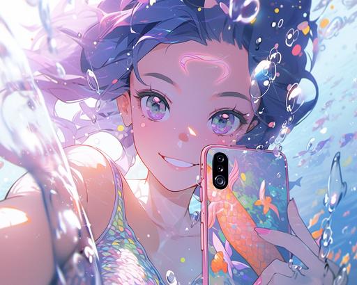 a mermaid took a selfie at a junction of three waters, waves and bubbles floating to the top of the water behind her. She made a finger heart to the camera, portrait, glitery, dreamy and ethereal --ar 5:4 --niji 5