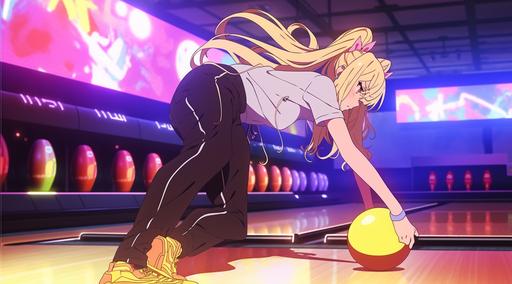 a moe female player complete her bawling game with a perfect strike. the bawling ball make a sinusoidal path highlighted in a golden thin string line on the bawling alley and strike pins. full length, side view, wide angle shot, spotlights, 8K, uhd, manga style --ar 18:10 --niji 5
