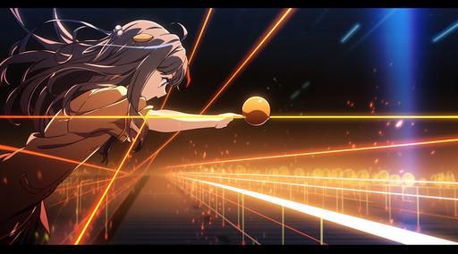 a moe female player complete her bawling game with a perfect strike. the bawling ball make a sinusoidal path highlighted in a golden thin string line on the bawling alley and strike pins. full length, side view, wide angle shot, spotlights, 8K, uhd, manga style --ar 18:10 --niji 5
