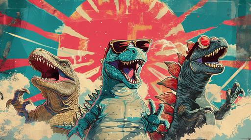 amphibian godzilla, t-rex, mosura and other monsters in sunglasses, sing karaoke and dance, ukiyo-e hu background, entertaining vibe, poster of 80s --ar 16:9 --v 6.0